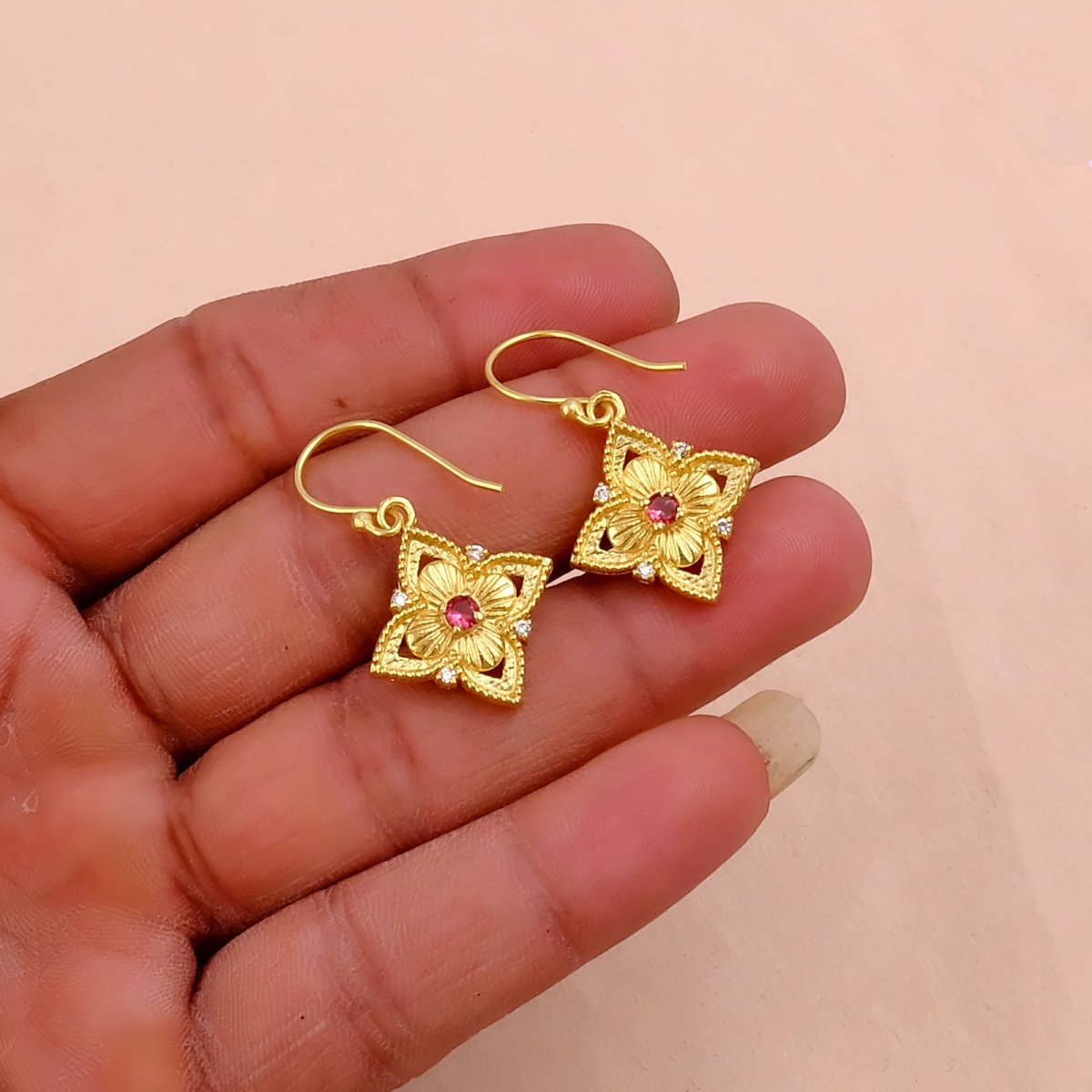 Pink Fuchsia Flower Earrings, Vintage Inspired Gold Drop Earrings Elegant Jewelry Gift 5383