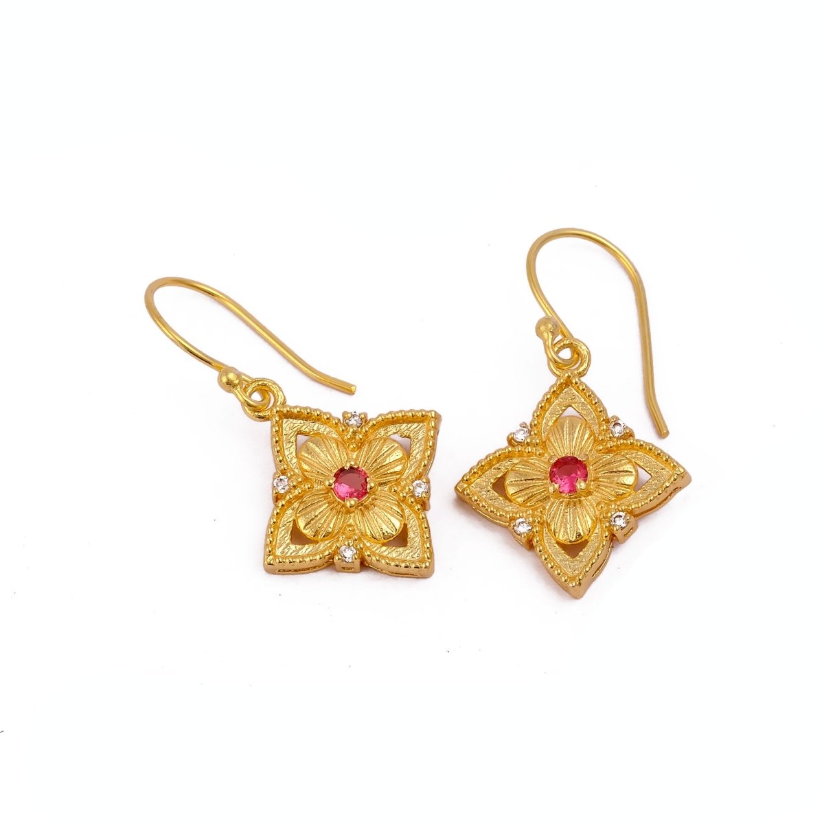 Pink Fuchsia Flower Earrings, Vintage Inspired Gold Drop Earrings Elegant Jewelry Gift 5383