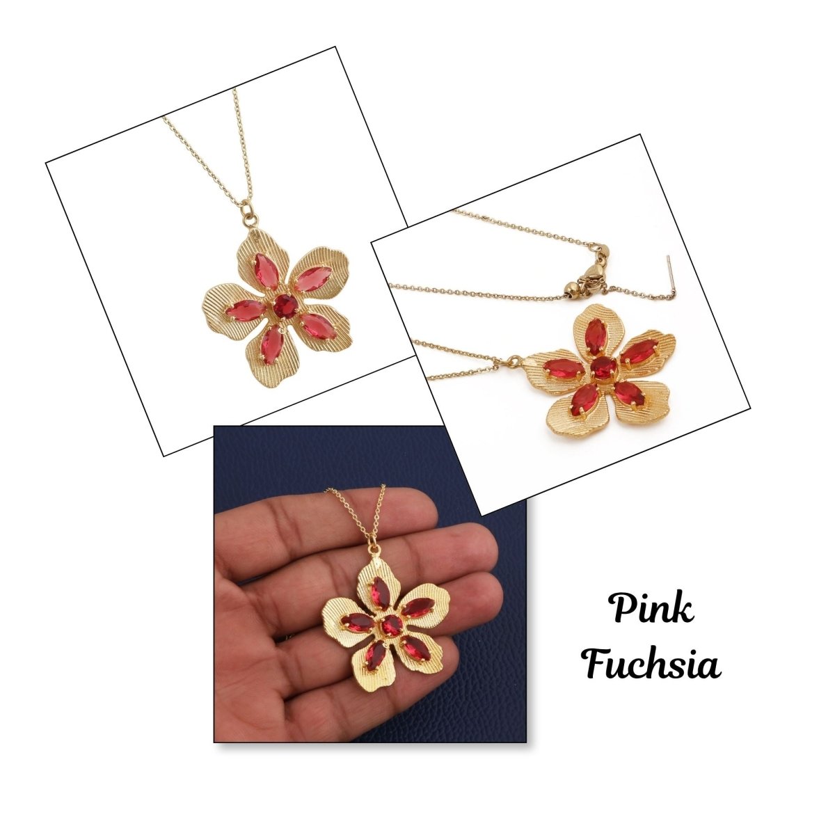 Pink Fuchsia Gemstone Flower Pendant Necklace in Gold-Plated Brass Jewelry 5390