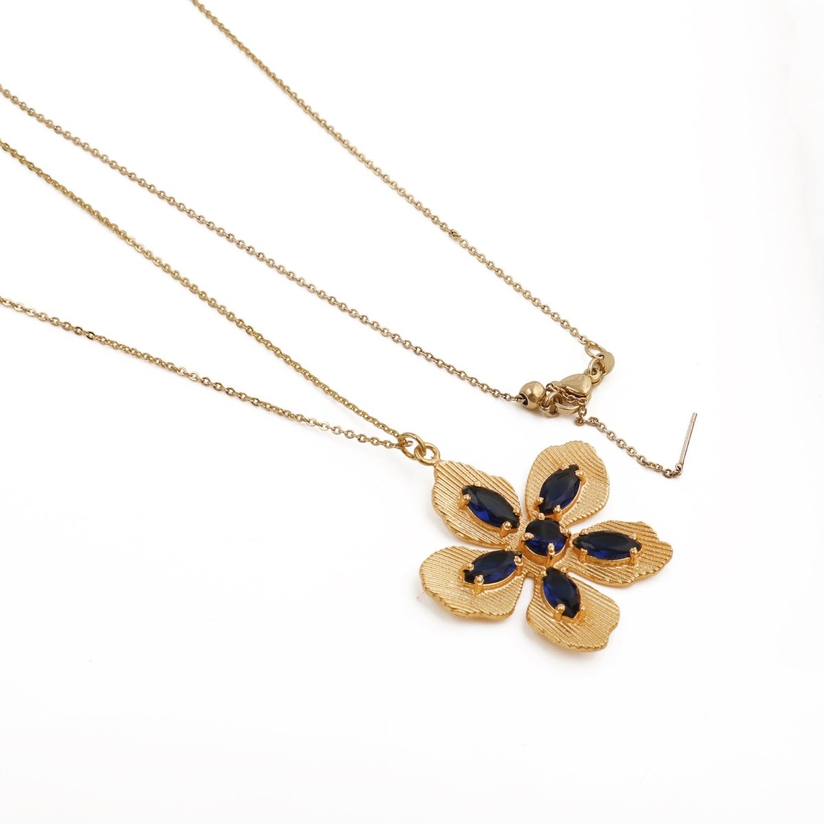 Pink Fuchsia Gemstone Flower Pendant Necklace in Gold-Plated Brass Jewelry 5390