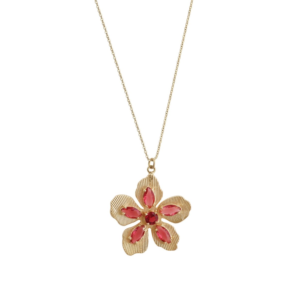 Pink Fuchsia Gemstone Flower Pendant Necklace in Gold-Plated Brass Jewelry 5390