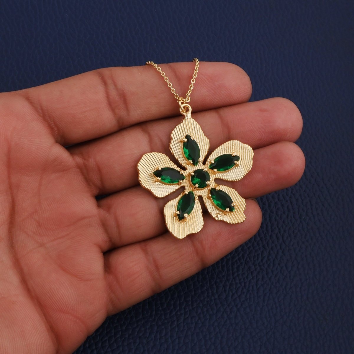 Pink Fuchsia Gemstone Flower Pendant Necklace in Gold-Plated Brass Jewelry 5390
