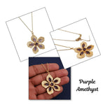 Pink Fuchsia Gemstone Flower Pendant Necklace in Gold-Plated Brass Jewelry 5390 Purple Amethyst