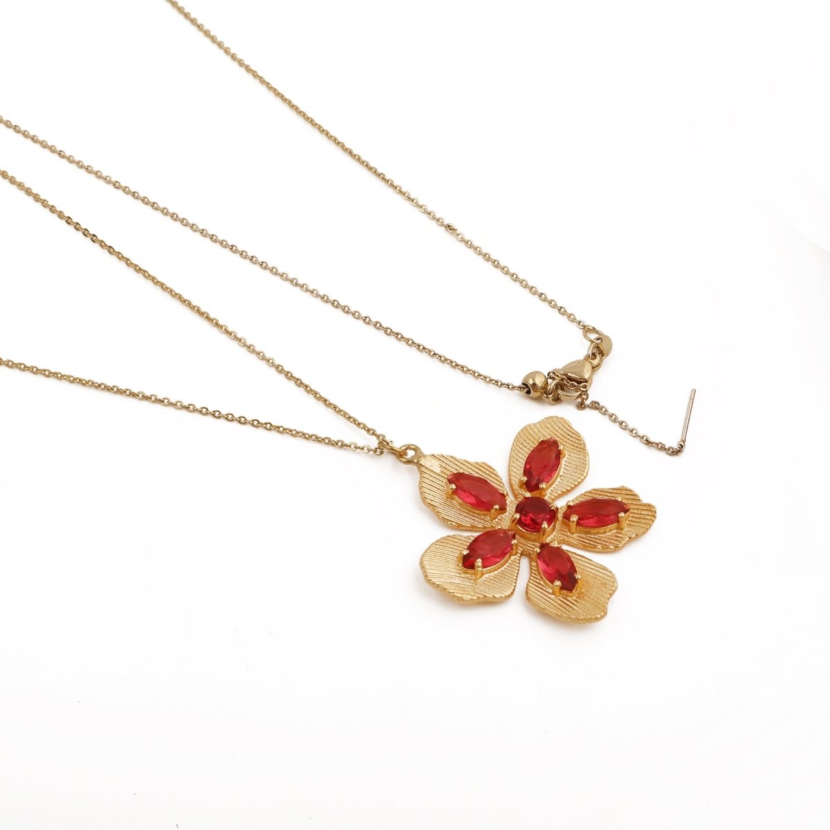 Pink Fuchsia Gemstone Flower Pendant Necklace in Gold-Plated Brass Jewelry 5390