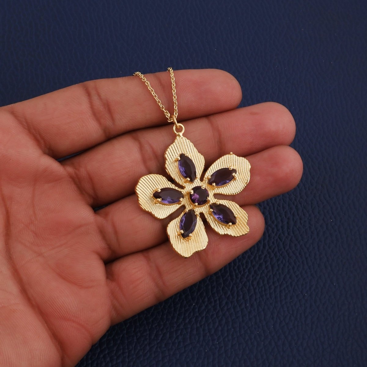 Pink Fuchsia Gemstone Flower Pendant Necklace in Gold-Plated Brass Jewelry 5390
