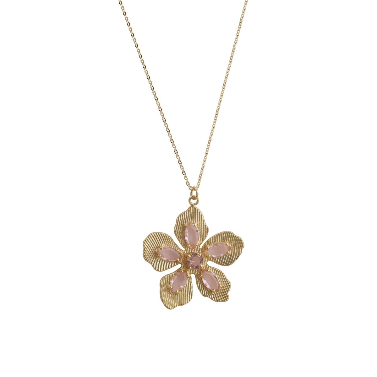 Pink Fuchsia Gemstone Flower Pendant Necklace in Gold-Plated Brass Jewelry 5390