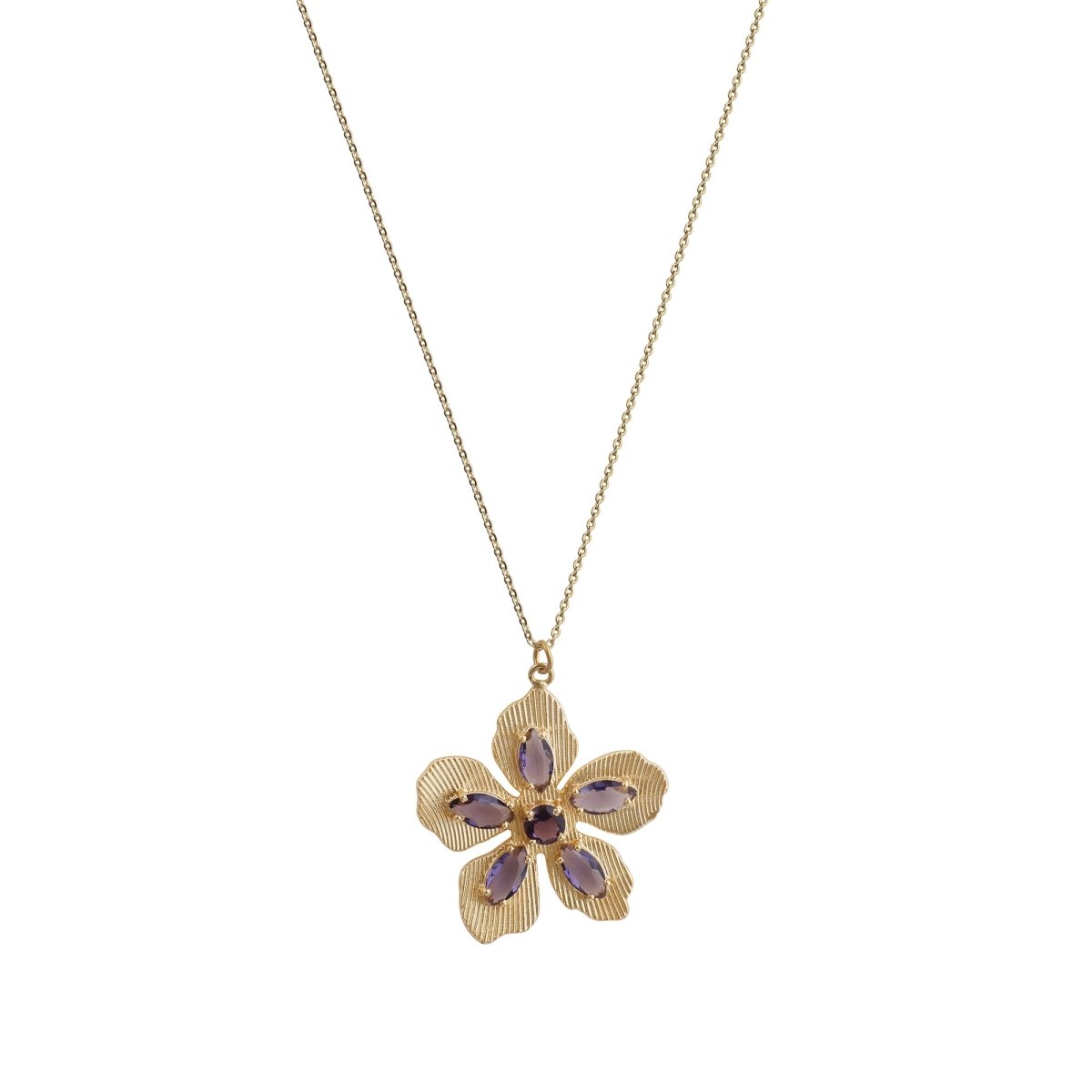 Pink Fuchsia Gemstone Flower Pendant Necklace in Gold-Plated Brass Jewelry 5390