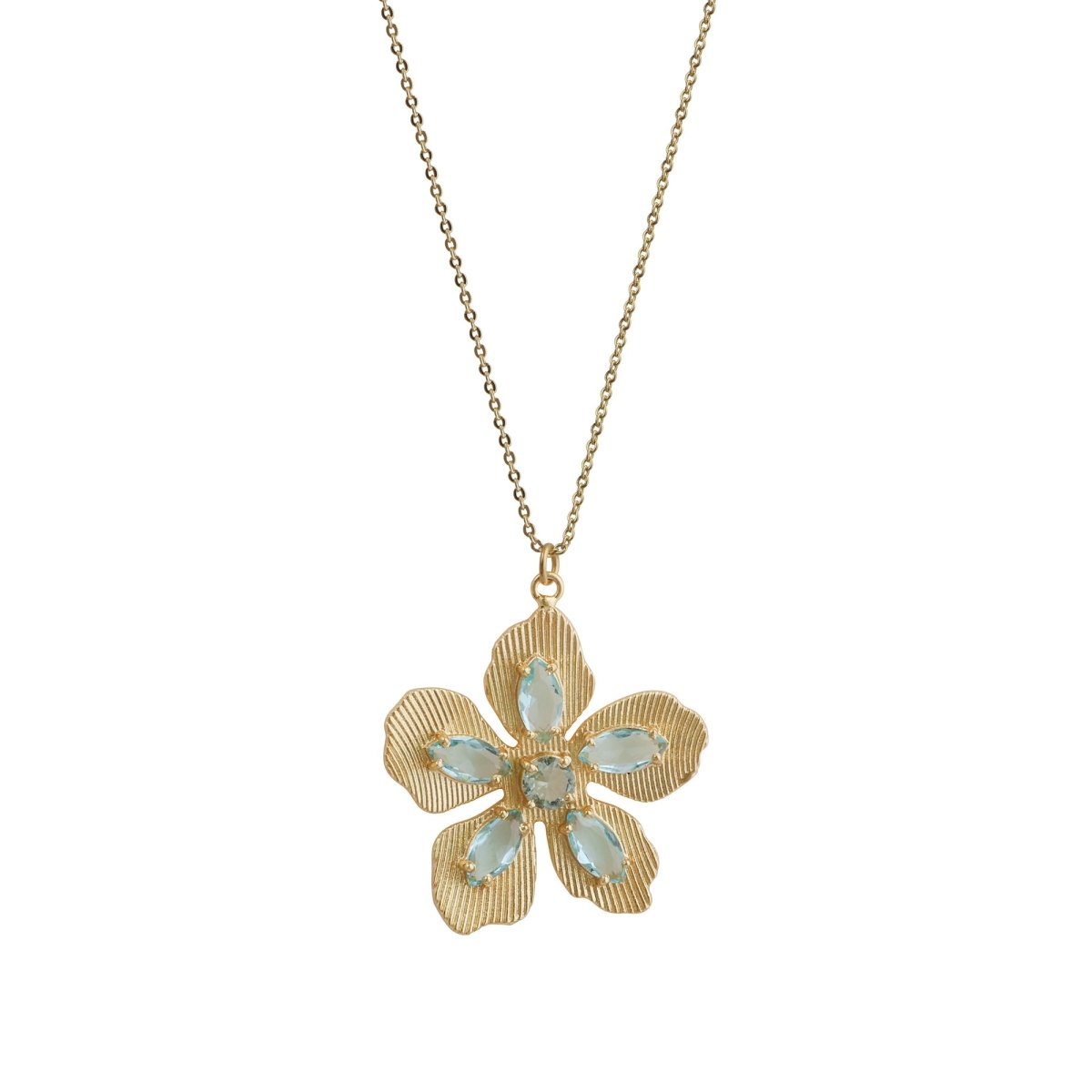Pink Fuchsia Gemstone Flower Pendant Necklace in Gold-Plated Brass Jewelry 5390