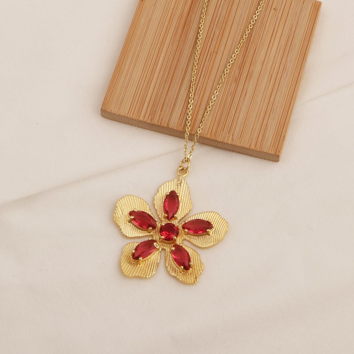Pink Fuchsia Gemstone Flower Pendant Necklace in Gold-Plated Brass Jewelry 5390