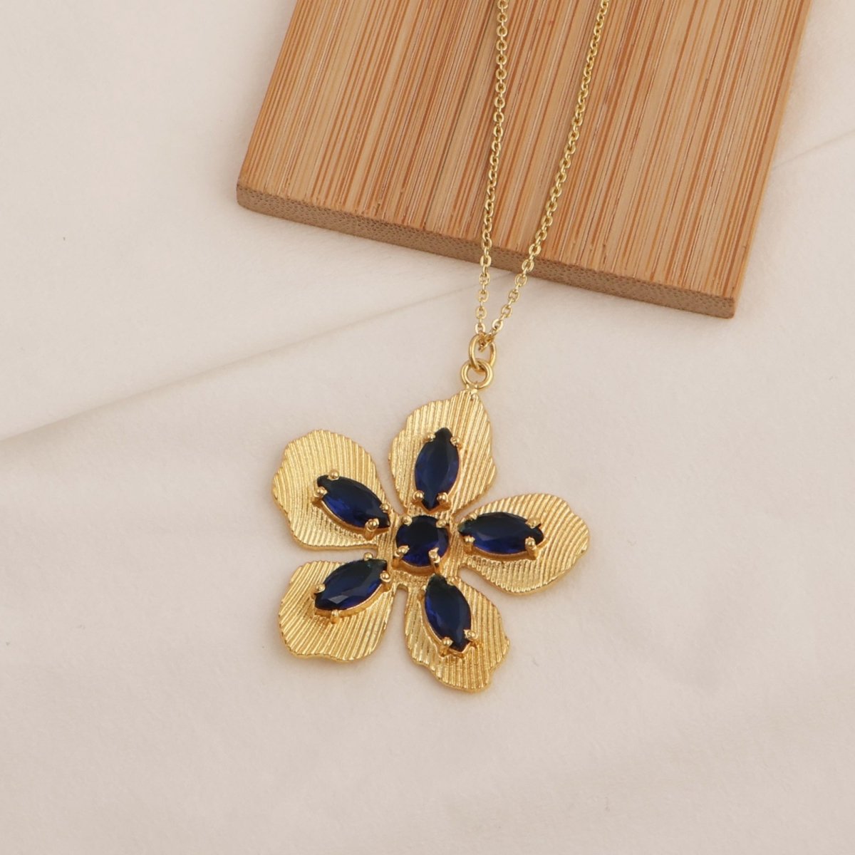 Pink Fuchsia Gemstone Flower Pendant Necklace in Gold-Plated Brass Jewelry 5390
