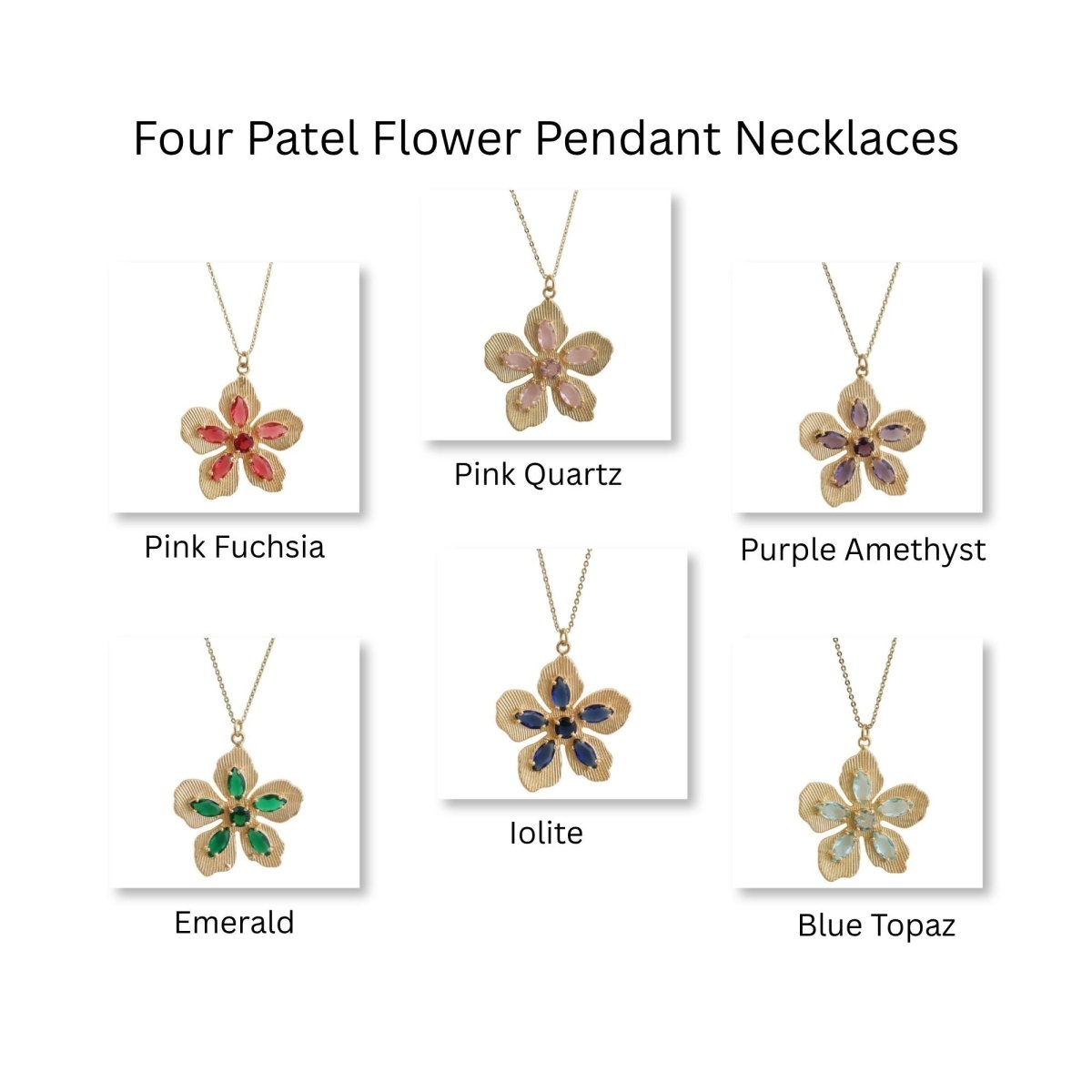 Pink Fuchsia Gemstone Flower Pendant Necklace in Gold-Plated Brass Jewelry 5390