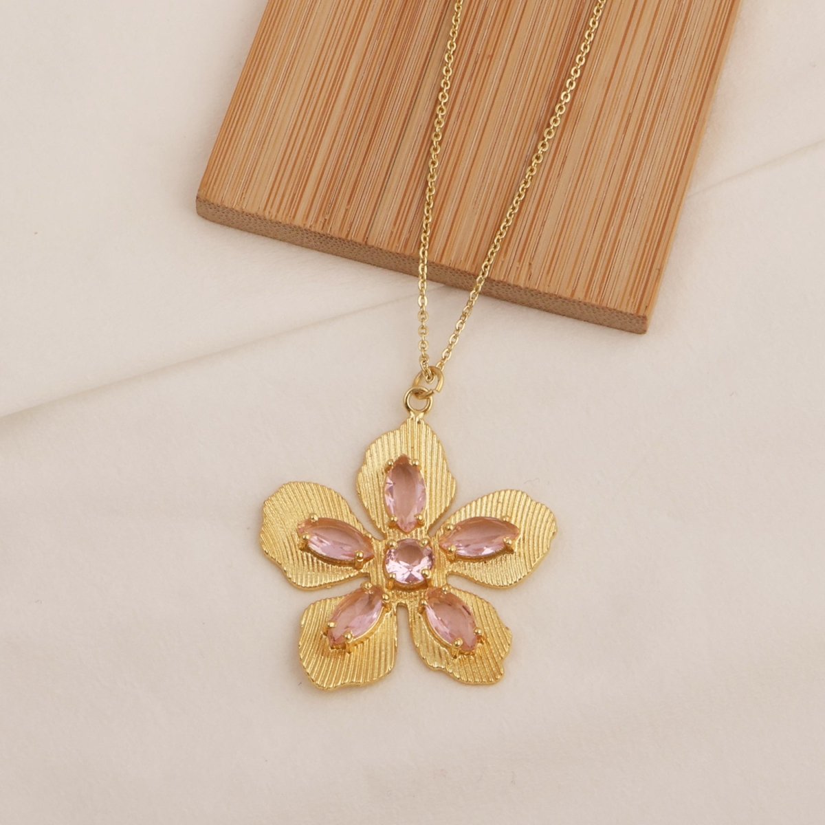 Pink Fuchsia Gemstone Flower Pendant Necklace in Gold-Plated Brass Jewelry 5390