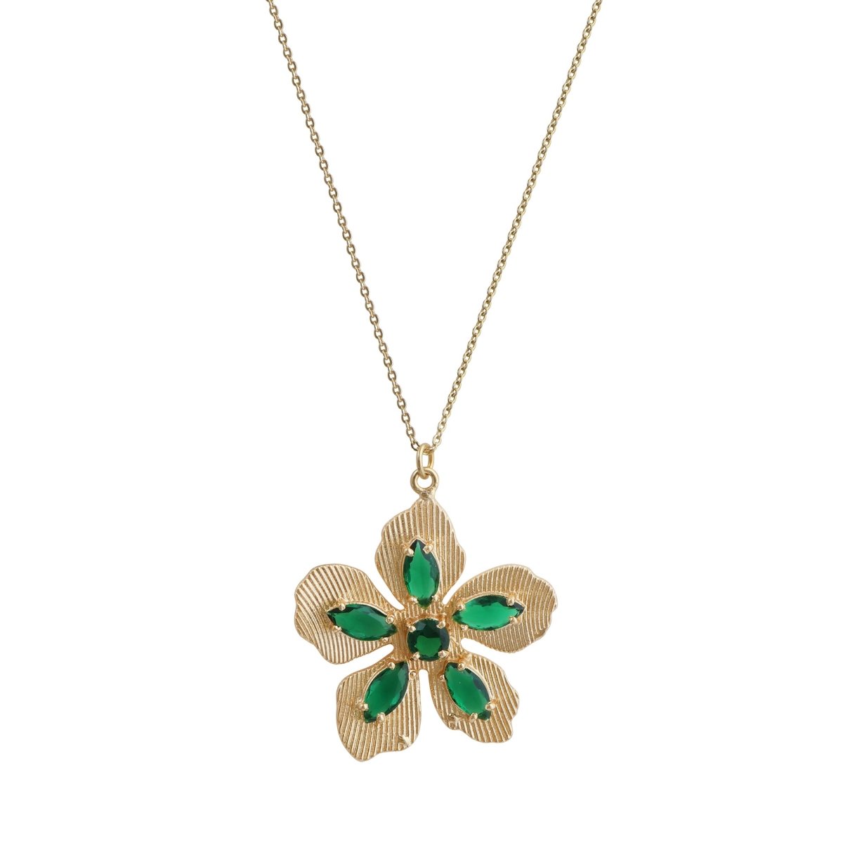 Pink Fuchsia Gemstone Flower Pendant Necklace in Gold-Plated Brass Jewelry 5390