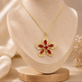 Pink Fuchsia Gemstone Flower Pendant Necklace in Gold-Plated Brass Jewelry 5390 Pink Fuchsia