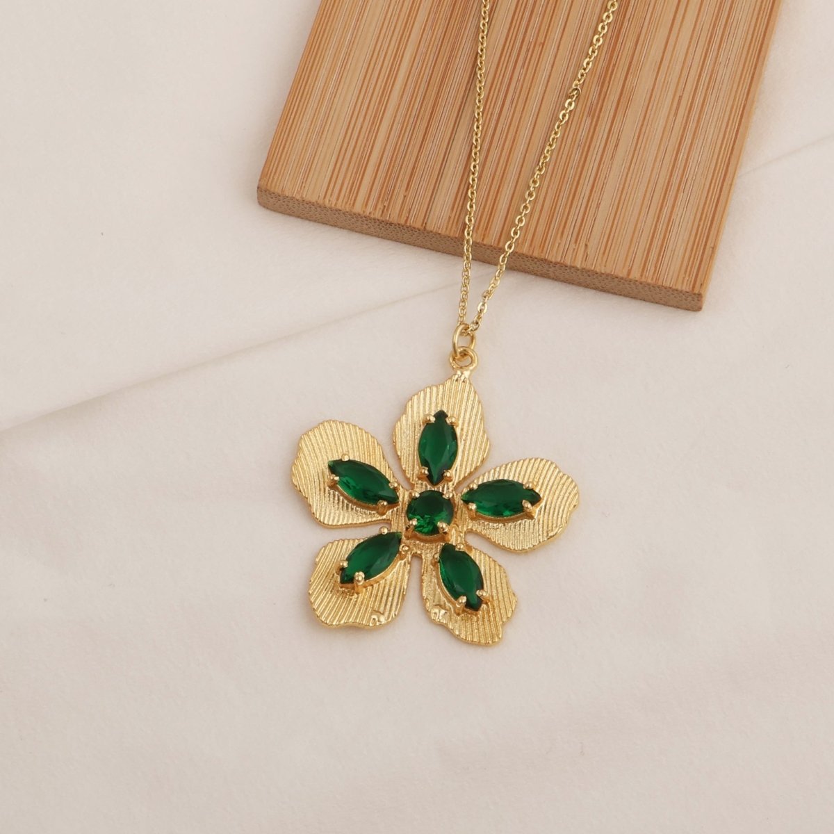 Pink Fuchsia Gemstone Flower Pendant Necklace in Gold-Plated Brass Jewelry 5390