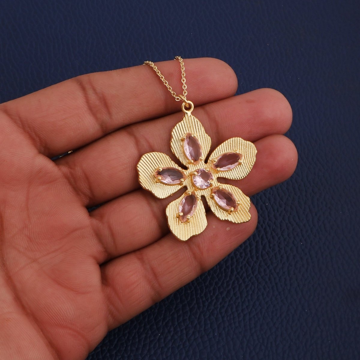 Pink Fuchsia Gemstone Flower Pendant Necklace in Gold-Plated Brass Jewelry 5390