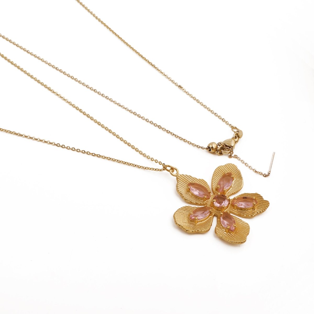 Pink Fuchsia Gemstone Flower Pendant Necklace in Gold-Plated Brass Jewelry 5390