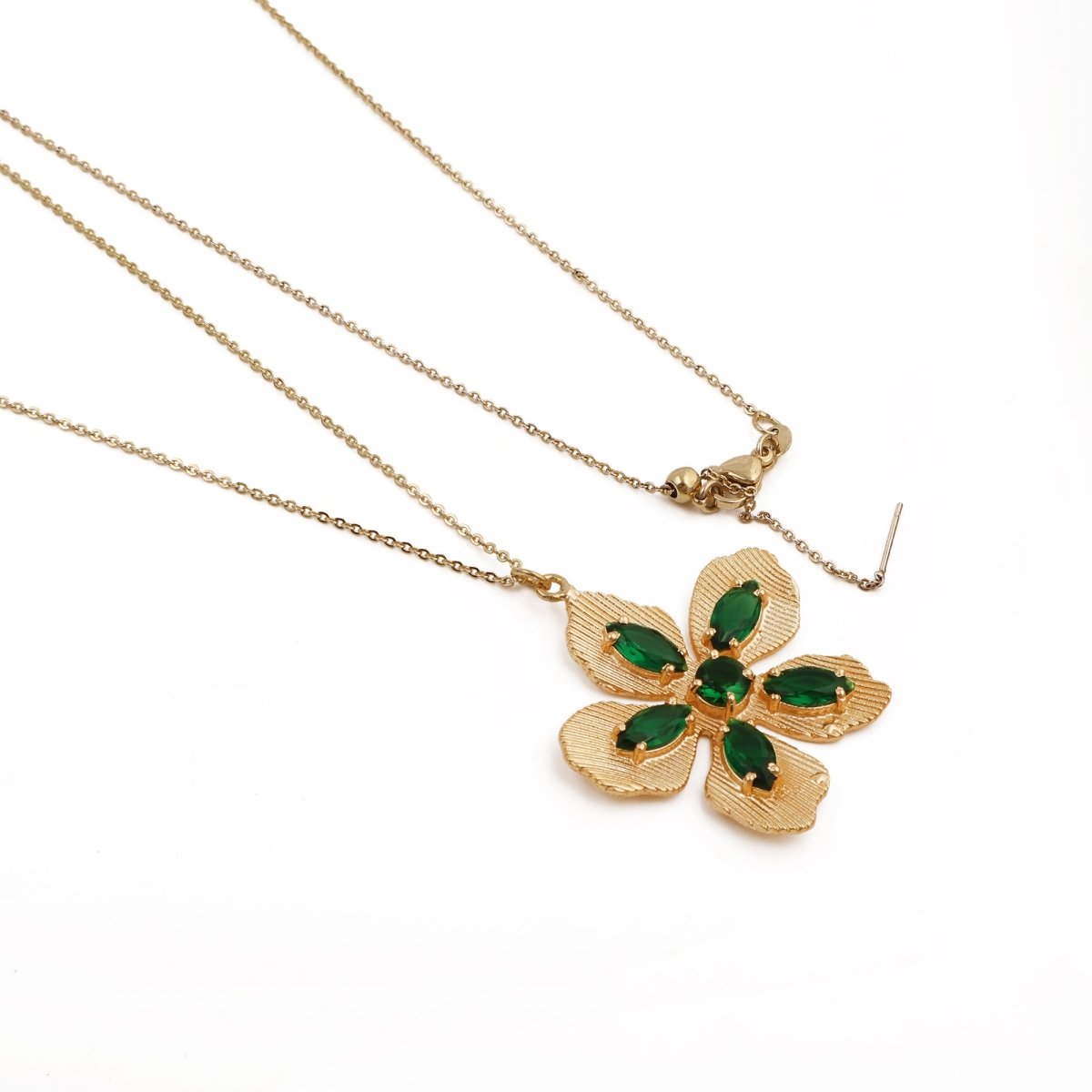 Pink Fuchsia Gemstone Flower Pendant Necklace in Gold-Plated Brass Jewelry 5390