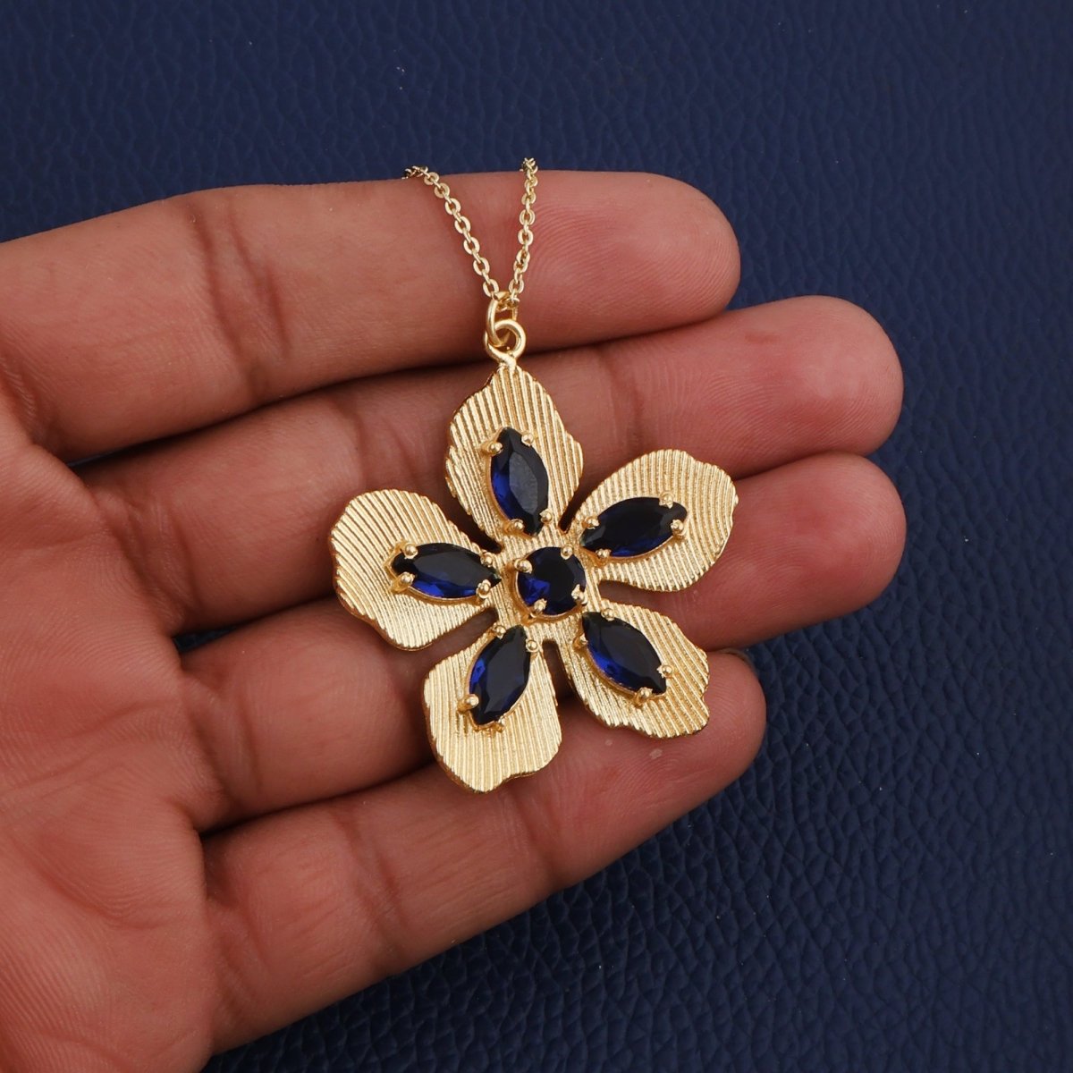 Pink Fuchsia Gemstone Flower Pendant Necklace in Gold-Plated Brass Jewelry 5390