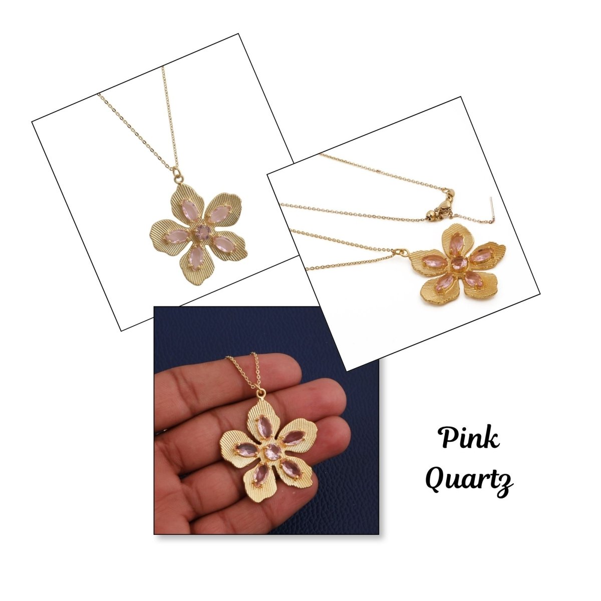 Pink Fuchsia Gemstone Flower Pendant Necklace in Gold-Plated Brass Jewelry 5390 Pink Quartz
