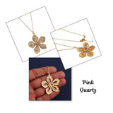 Pink Fuchsia Gemstone Flower Pendant Necklace in Gold-Plated Brass Jewelry 5390 Pink Quartz