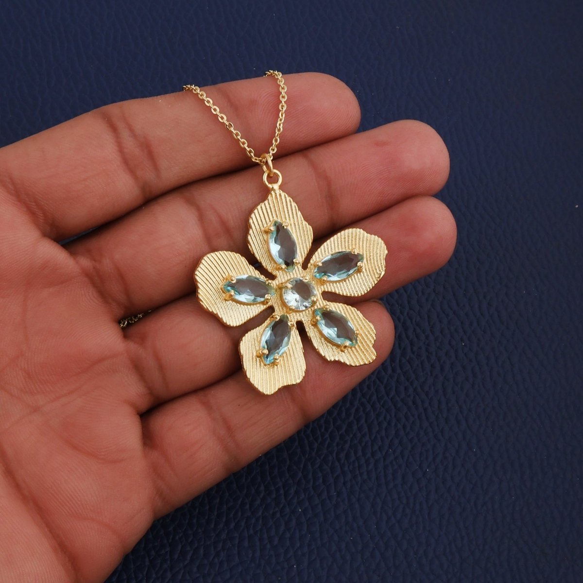 Pink Fuchsia Gemstone Flower Pendant Necklace in Gold-Plated Brass Jewelry 5390