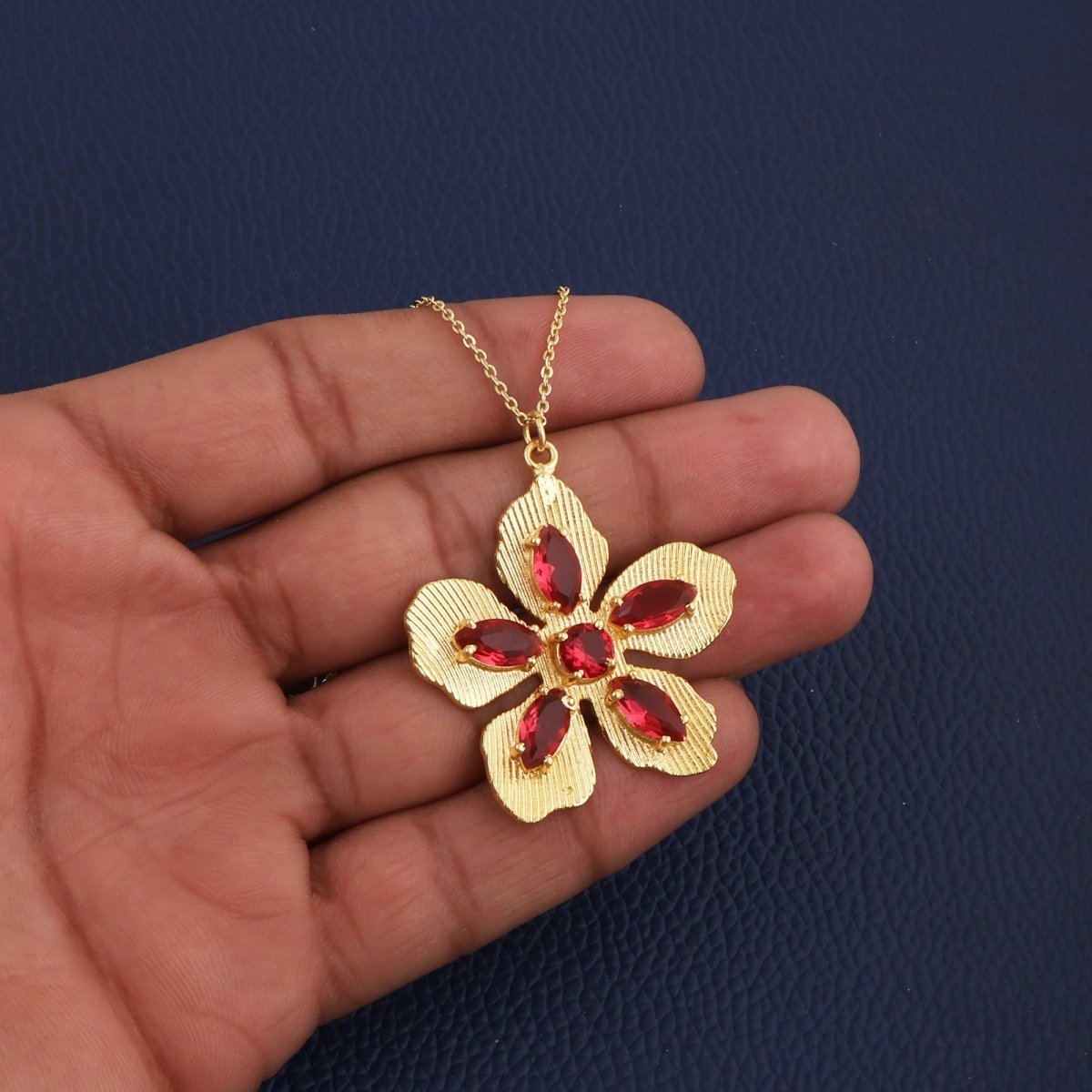 Pink Fuchsia Gemstone Flower Pendant Necklace in Gold-Plated Brass Jewelry 5390