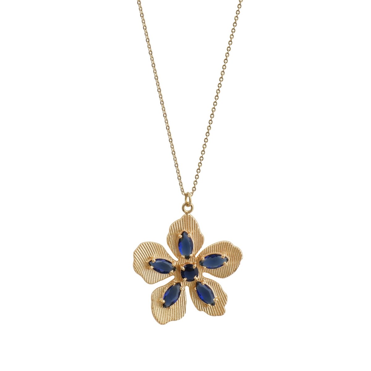 Pink Fuchsia Gemstone Flower Pendant Necklace in Gold-Plated Brass Jewelry 5390