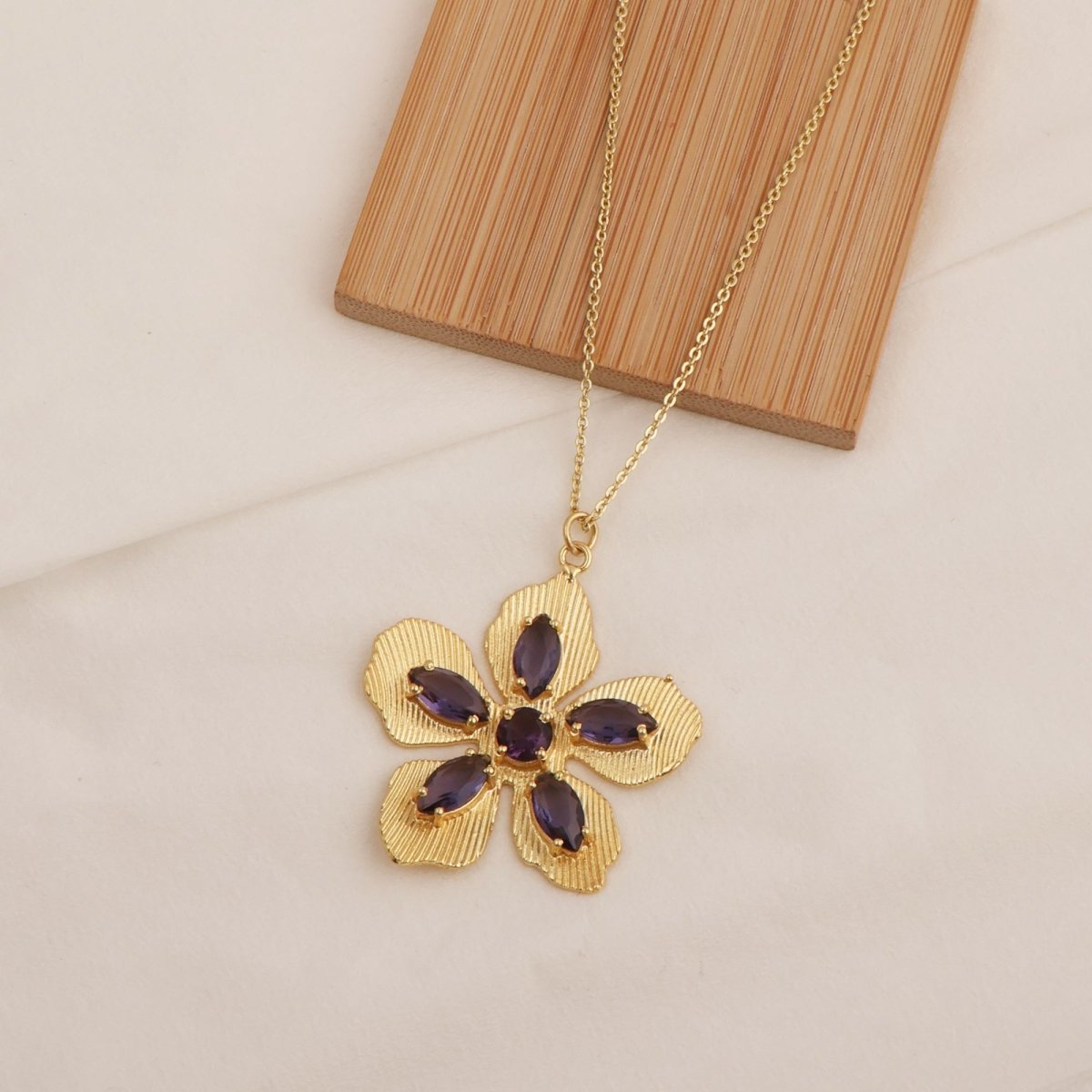 Pink Fuchsia Gemstone Flower Pendant Necklace in Gold-Plated Brass Jewelry 5390