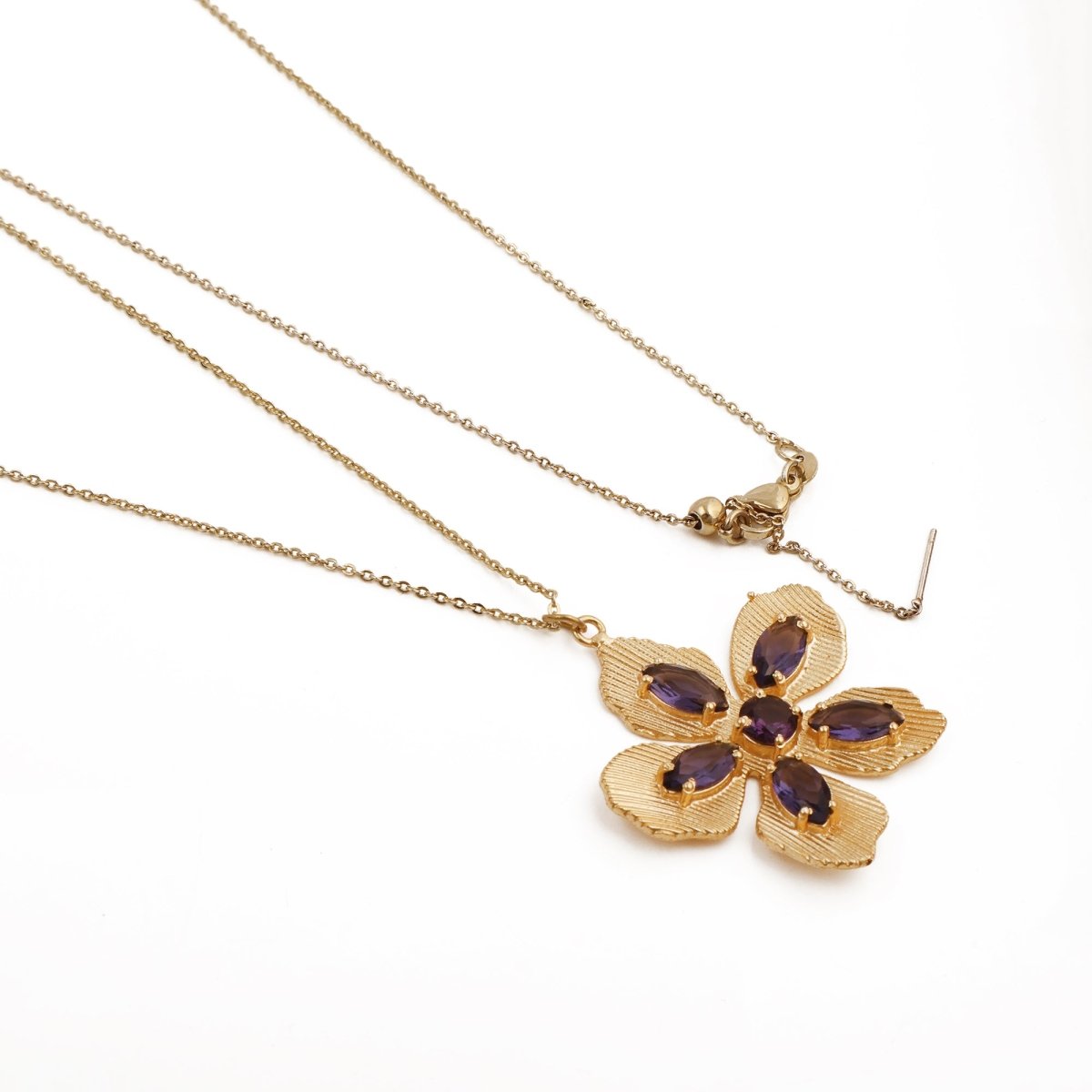 Pink Fuchsia Gemstone Flower Pendant Necklace in Gold-Plated Brass Jewelry 5390