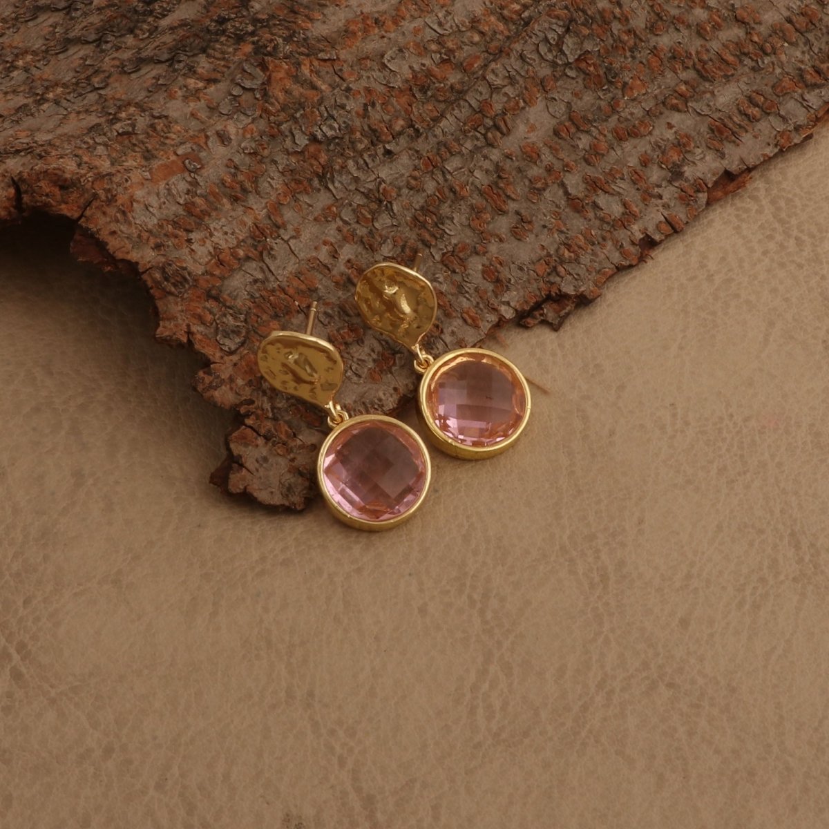 Pink Fuchsia Round Faceted Gemstone Drop Earrings, Gold Plated Minimal Jewelry CE-1038