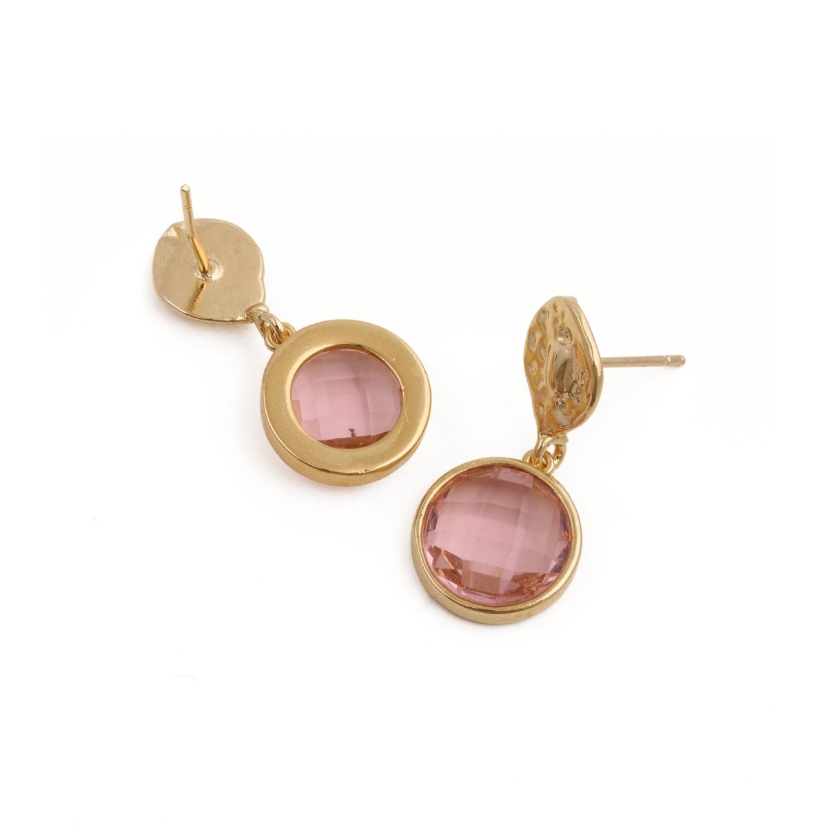 Pink Fuchsia Round Faceted Gemstone Drop Earrings, Gold Plated Minimal Jewelry CE-1038