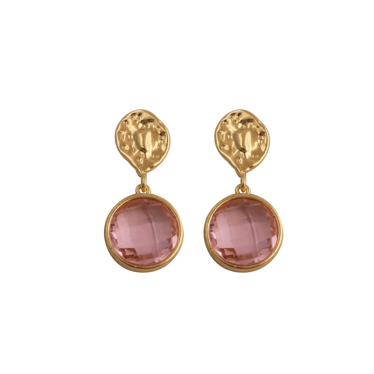 Pink Fuchsia Round Faceted Gemstone Drop Earrings, Gold Plated Minimal Jewelry CE-1038
