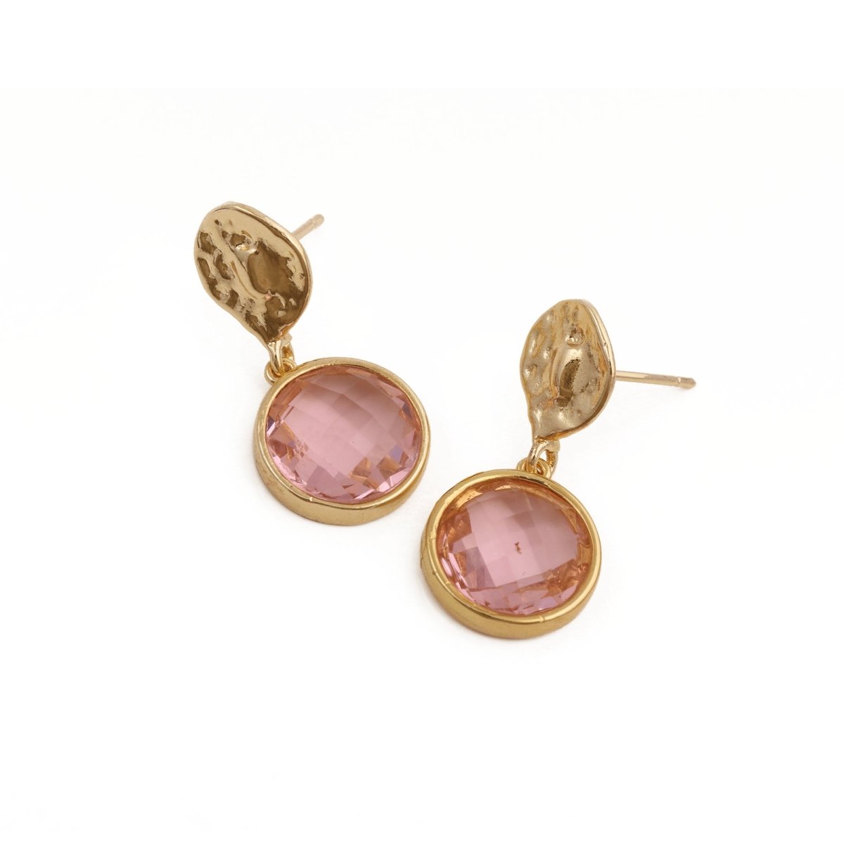 Pink Fuchsia Round Faceted Gemstone Drop Earrings, Gold Plated Minimal Jewelry CE-1038