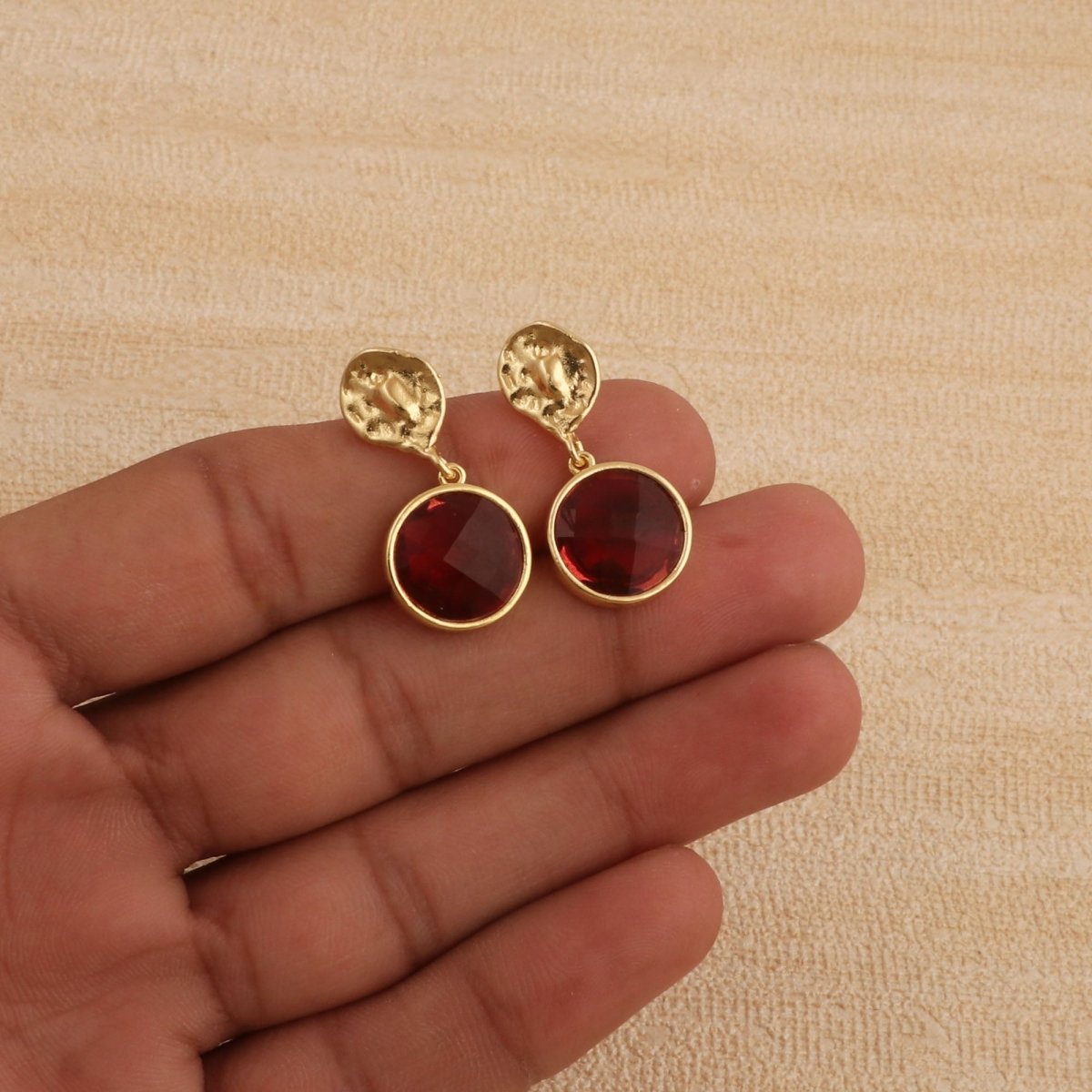 Pink Fuchsia Round Faceted Gemstone Drop Earrings, Gold Plated Minimal Jewelry CE-1038