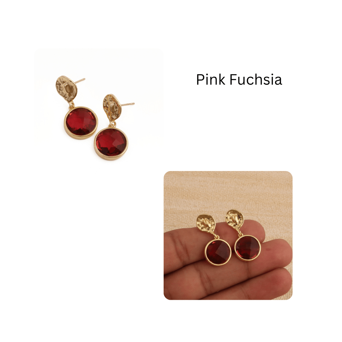 Pink Fuchsia Round Faceted Gemstone Drop Earrings, Gold Plated Minimal Jewelry CE-1038
