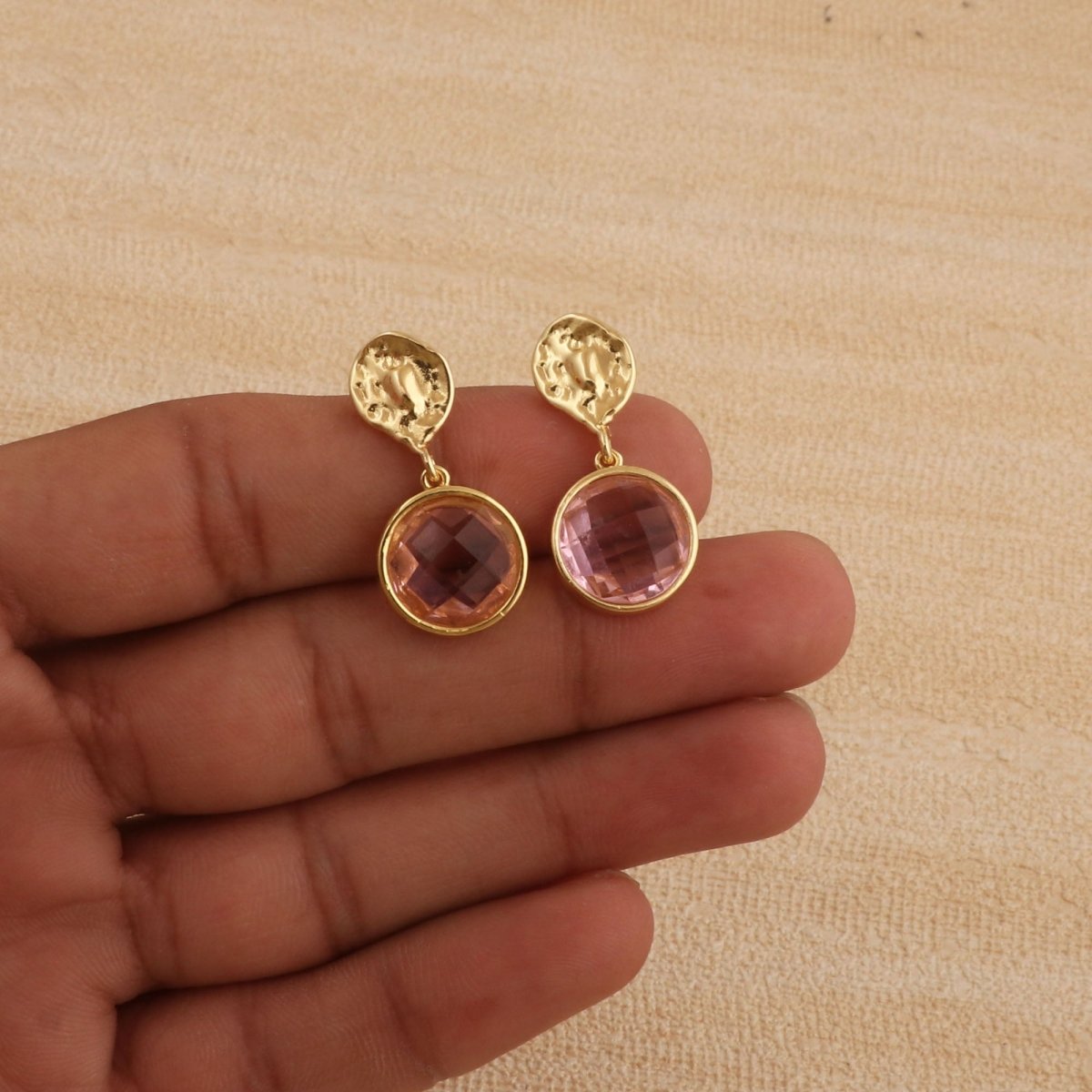 Pink Fuchsia Round Faceted Gemstone Drop Earrings, Gold Plated Minimal Jewelry CE-1038