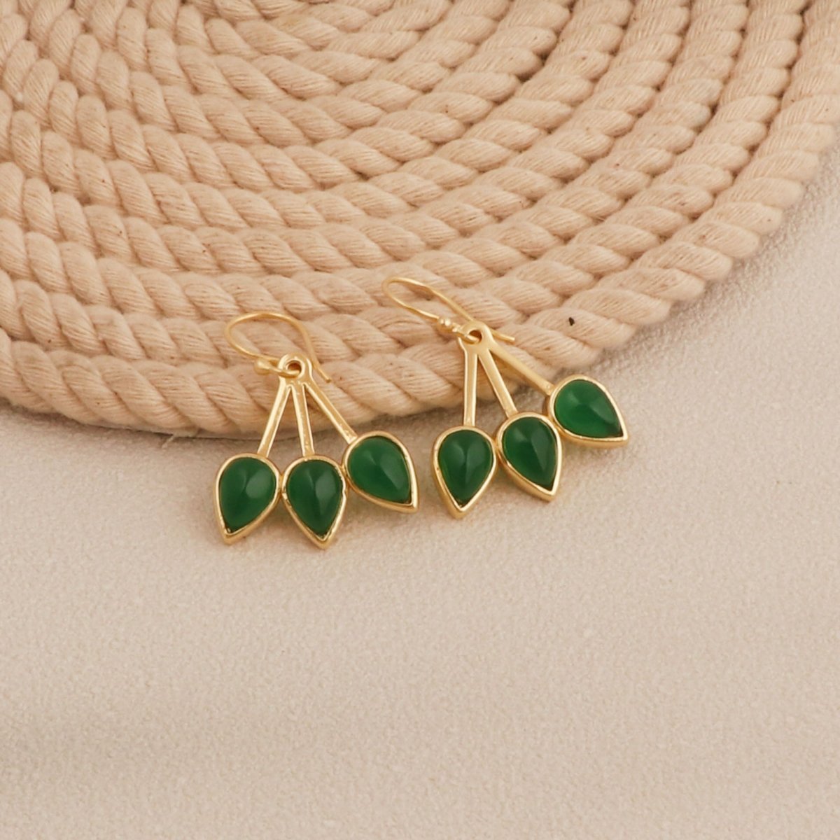 Pink Opalite Three - Leaf Drop Earrings, Gold Plated Handcrafted Bezel Gold Jewelry CE - 1008