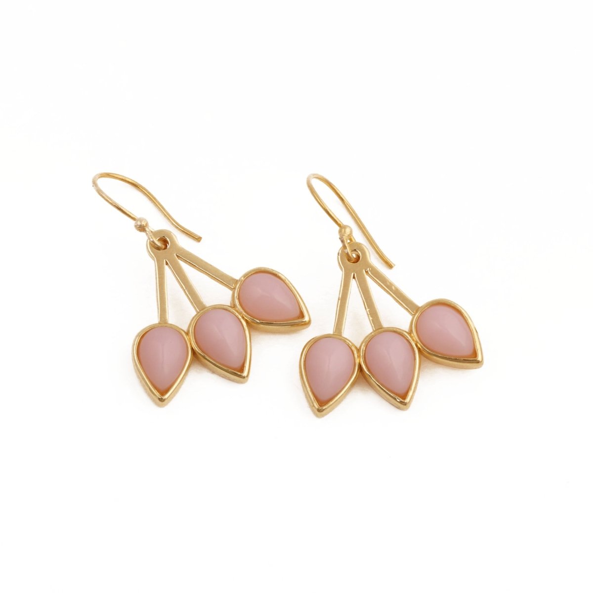 Pink Opalite Three - Leaf Drop Earrings, Gold Plated Handcrafted Bezel Gold Jewelry CE - 1008