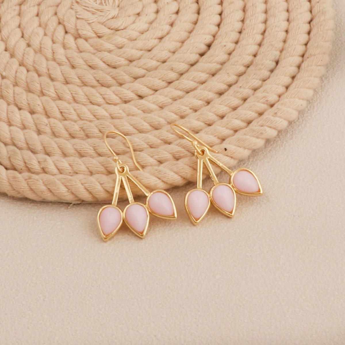 Pink Opalite Three - Leaf Drop Earrings, Gold Plated Handcrafted Bezel Gold Jewelry CE - 1008