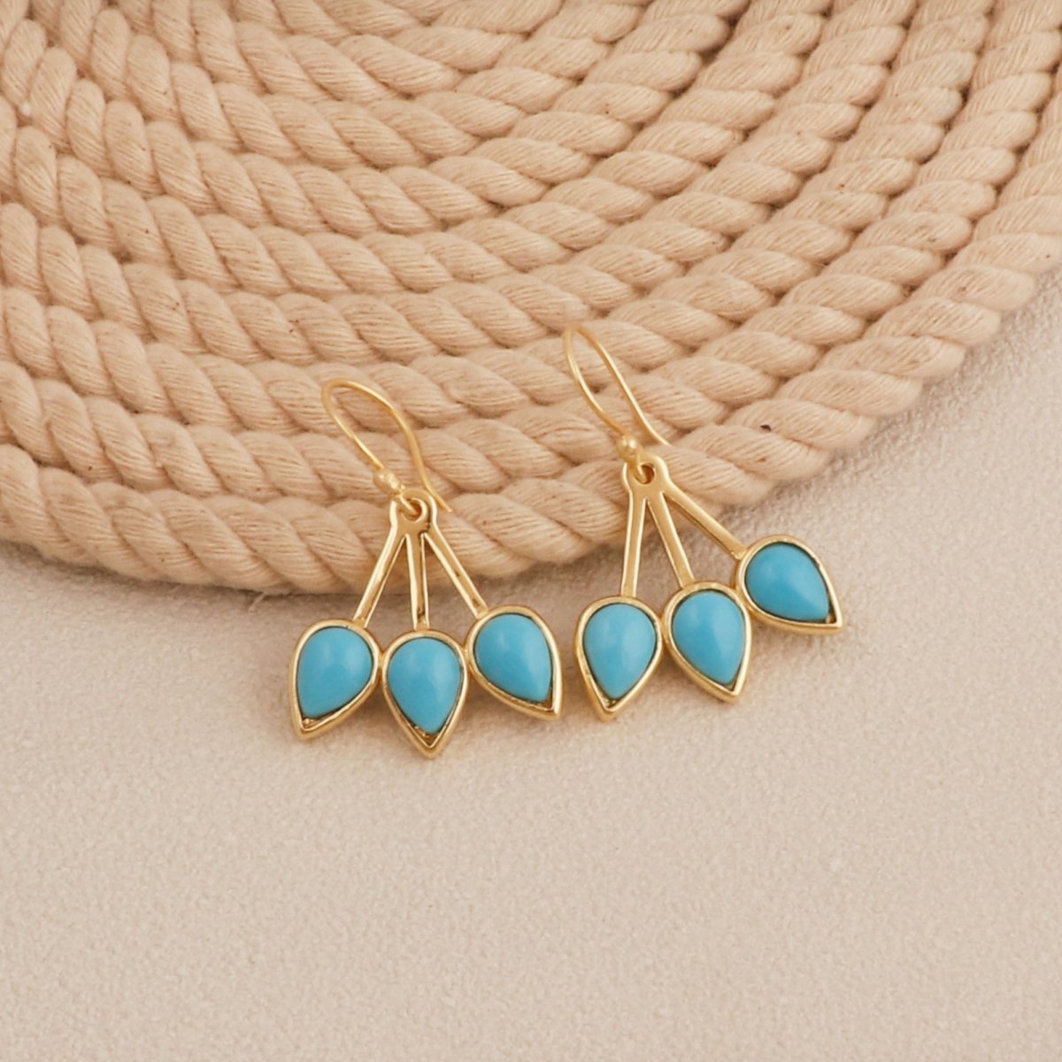 Pink Opalite Three - Leaf Drop Earrings, Gold Plated Handcrafted Bezel Gold Jewelry CE - 1008