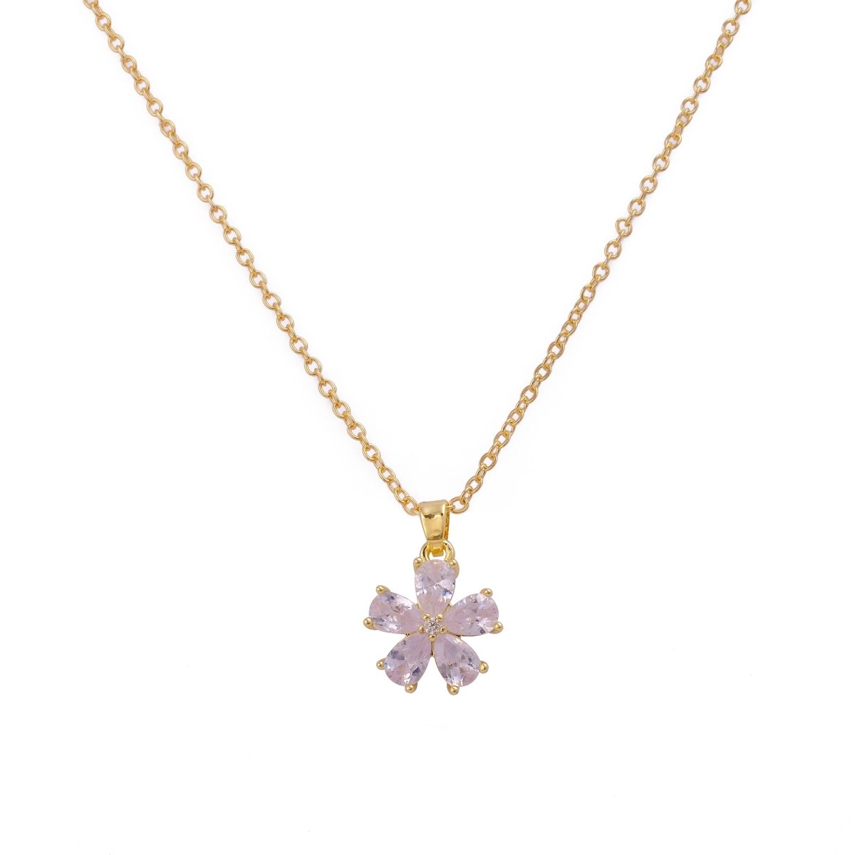 Pink Quartz Crystal Charms Necklace Gold Plated Floral Pendant Necklace Jewelry
