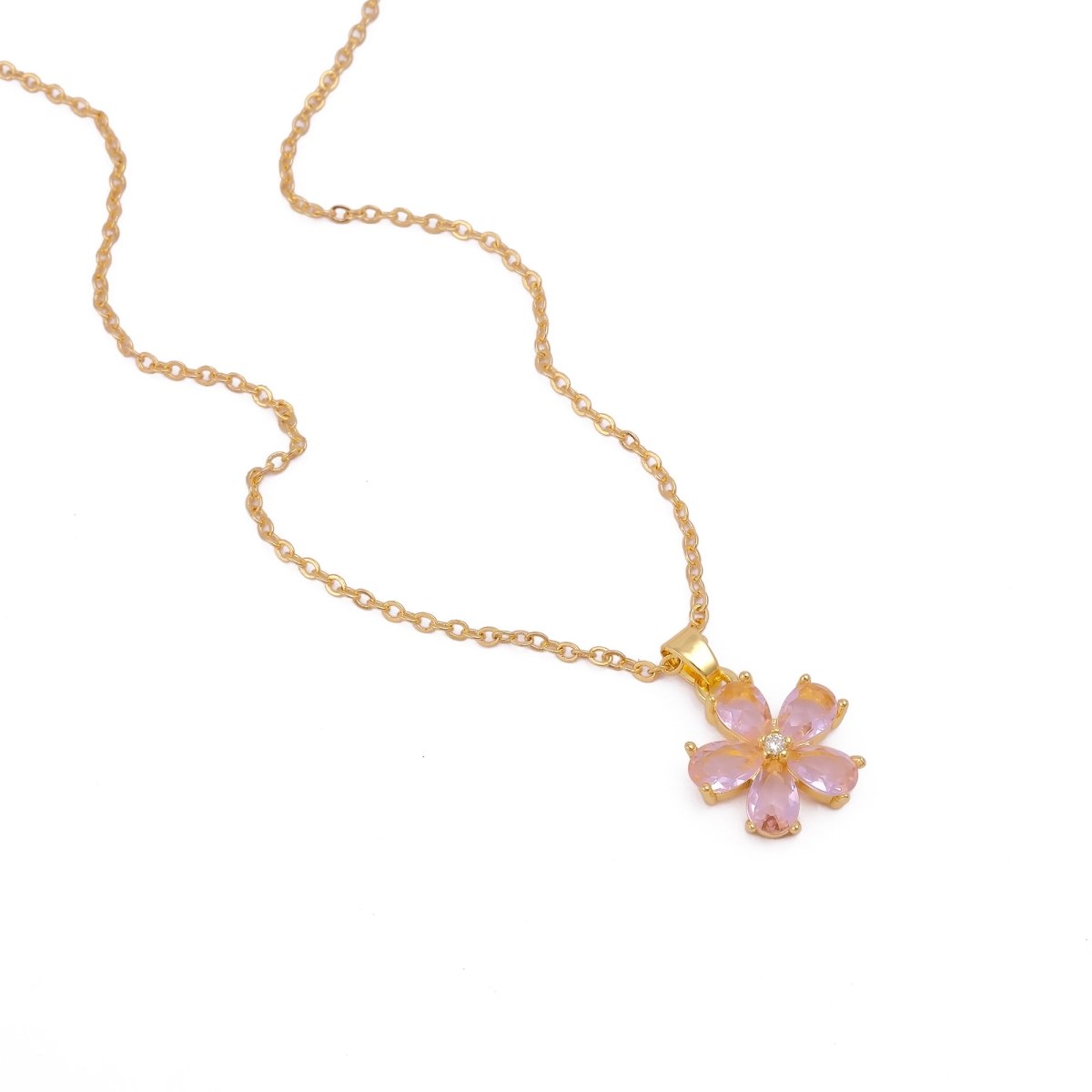 Pink Quartz Crystal Charms Necklace Gold Plated Floral Pendant Necklace Jewelry