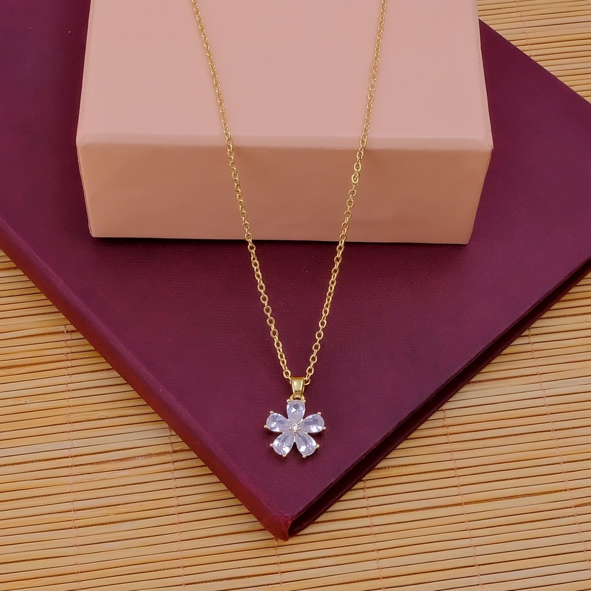 Pink Quartz Crystal Charms Necklace Gold Plated Floral Pendant Necklace Jewelry