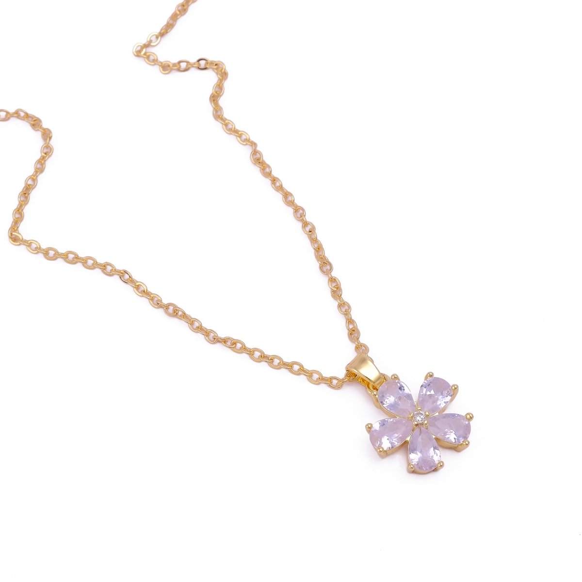 Pink Quartz Crystal Charms Necklace Gold Plated Floral Pendant Necklace Jewelry