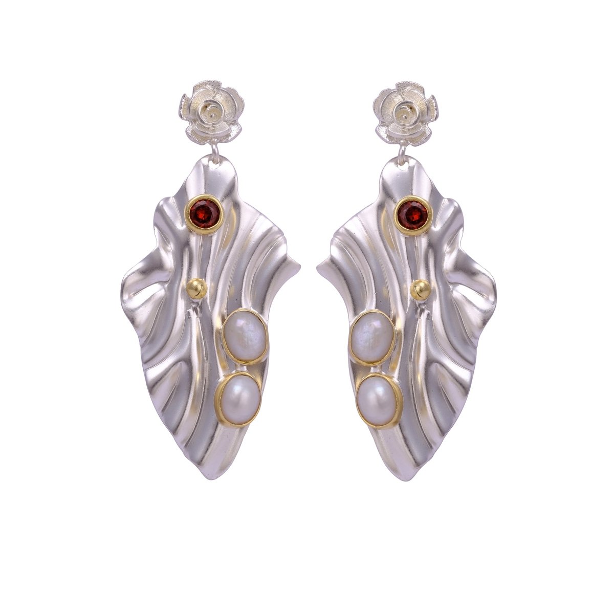 Pink Quartz & Pearl Gemstone Stud Earrings – Handmade Designer Dangle Earrings, 18K Gold Plated Collet Set with Push Back, S