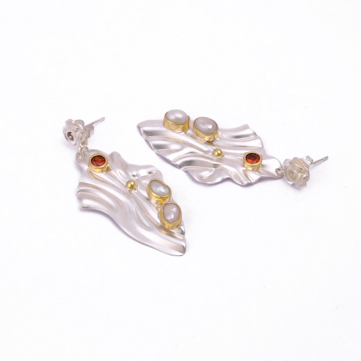 Pink Quartz & Pearl Gemstone Stud Earrings – Handmade Designer Dangle Earrings, 18K Gold Plated Collet Set with Push Back, S