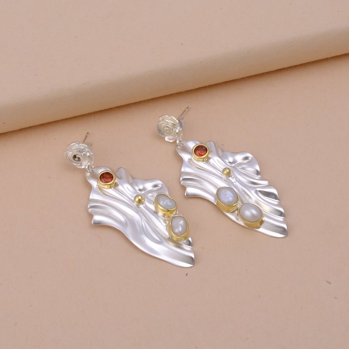 Pink Quartz & Pearl Gemstone Stud Earrings – Handmade Designer Dangle Earrings, 18K Gold Plated Collet Set with Push Back, S