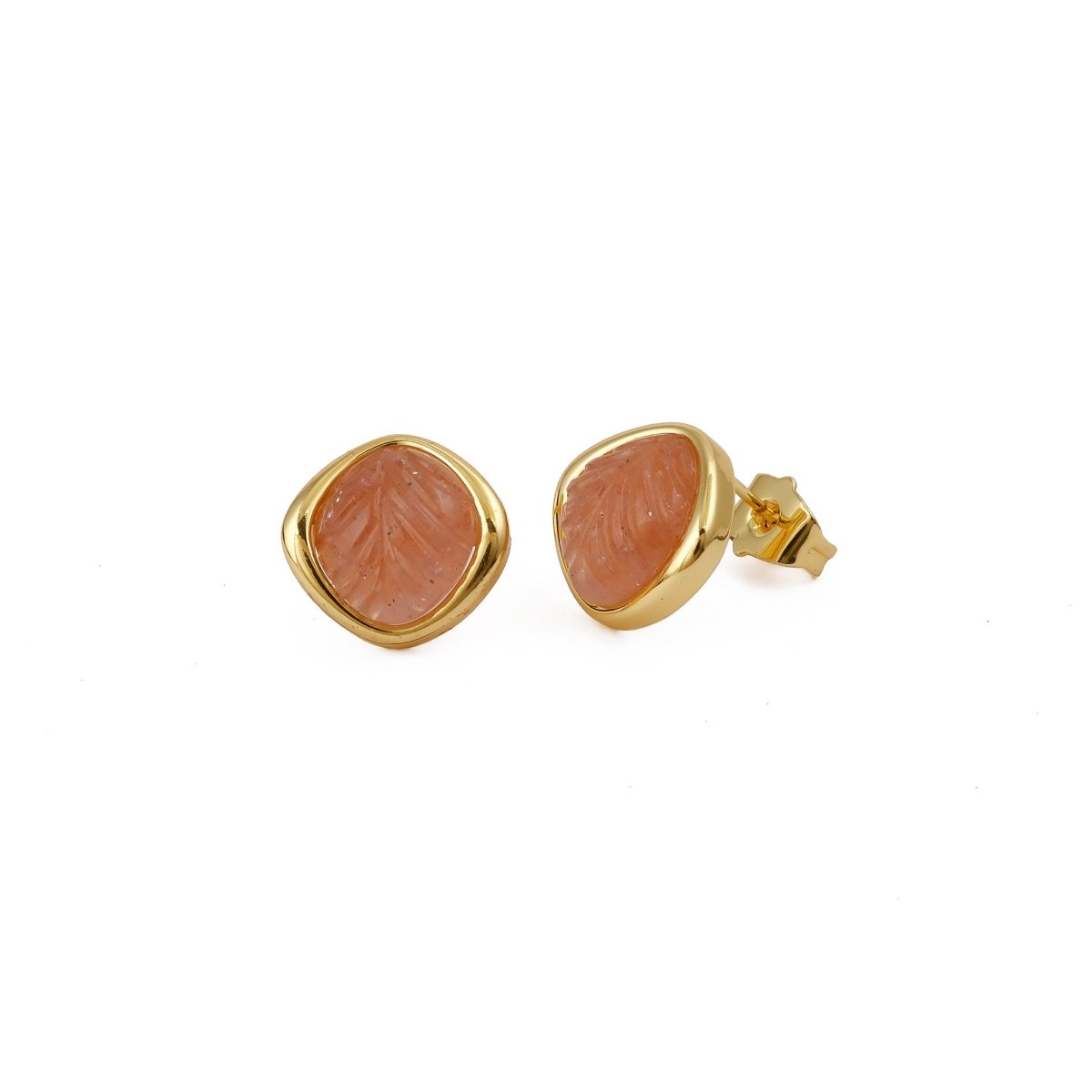 Pink Strawberry Quartz Carved Gemstone, Gold Plated Stud Earrings CE - 1018