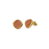 Pink Strawberry Quartz Carved Gemstone, Gold Plated Stud Earrings CE - 1018